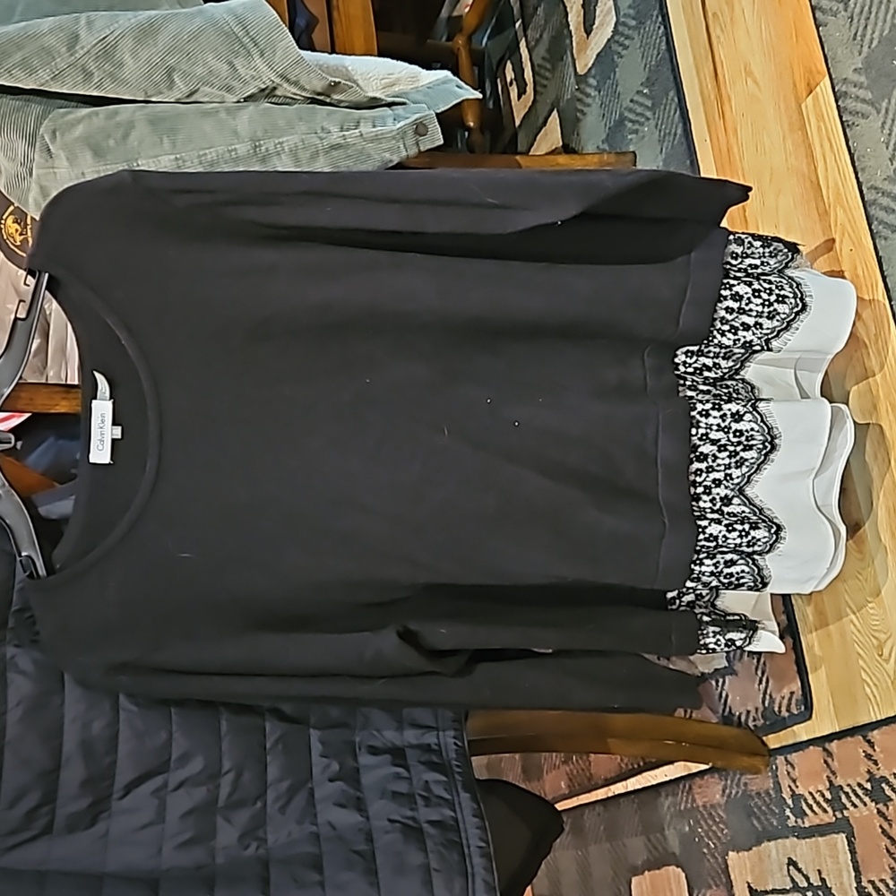 Calvin Klein 2X black sweater with lace trim and peek-a-boo white shirt under